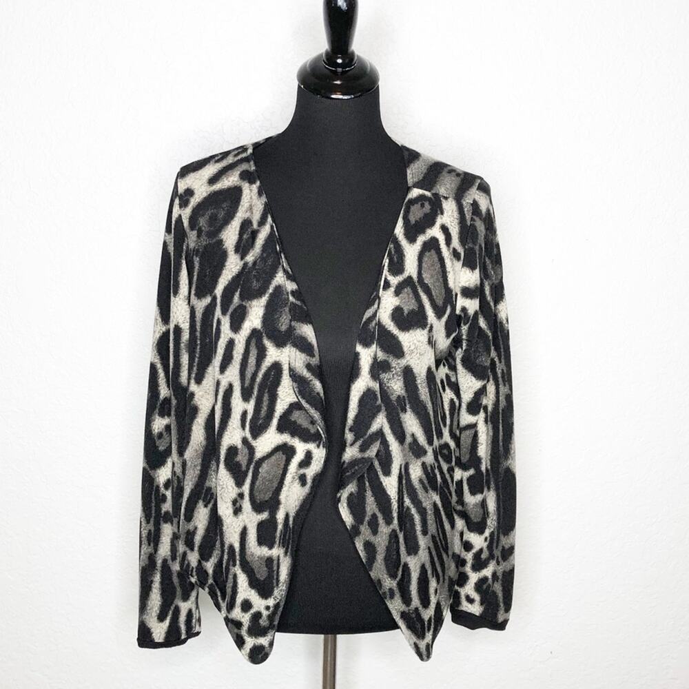 Karina Grimaldi black gray leopard animal print‎ open cardigan jacket Medium